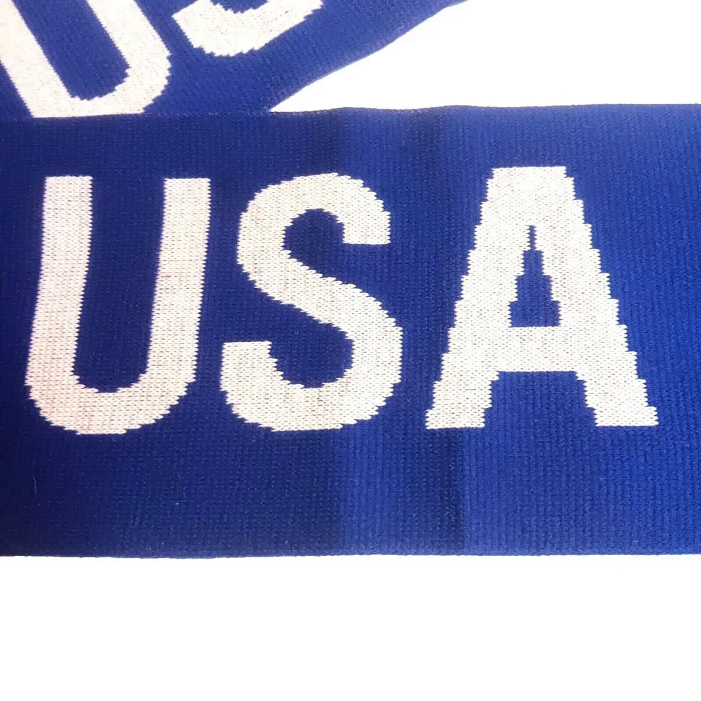 USA Kniit Scarf Blue Red White Stripe Stars Fringe 60